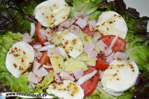 Ensalada de lechuga hoja de roble con queso mozzarella