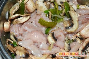 Fajitas de pollo y champiñones, remover y añadir los filetes de pechuga de pollo en tiras