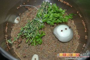 Lentejas al curry, lo introducimos en la olla junto con los ajos, una cebolla con los clavos pinchados para poder retirarlos una vez finalizada la cocción, un puñadito de sal y cubrimos con bastante agua