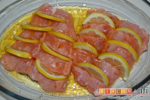Salmón al horno con sirope de arce y limón, ponemos el salmón en una fuente de horno y rociamos con el aliño hecho con el sirope de arce