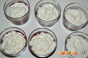 Vasitos de mascarpone con culís de cerezas, ponemos el relleno de yogur – queso y nata en una manga pastelera y rellenamos los vasitos