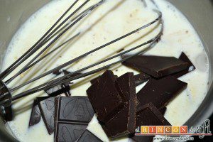 Bizcocho de chocolate esponjoso, retirar del fuego y añadir el chocolate