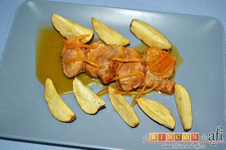 Solomillo de cerdo en salsa de naranjas y jengibre, sugerencia de presentación