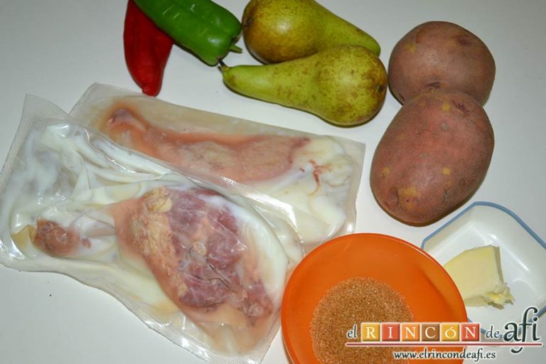 Confit de pato con tortitas de papas con pimientos y peras caramelizadas, preparar los ingredientes