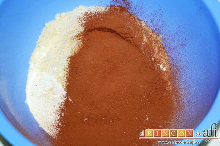 Cuernecitos de vainilla y chocolate, ponemos harina tamizada, cacao tamizado, azúcar blanquilla, almendra molida, azúcar vainillado, sal y café soluble en un bol