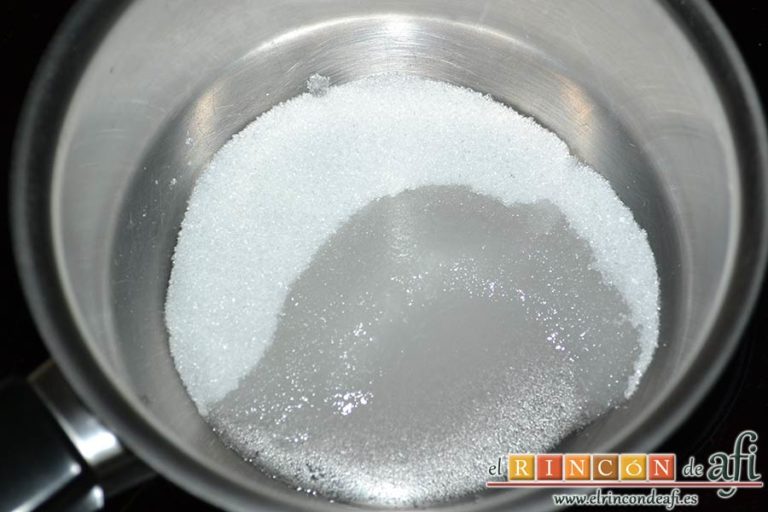 Salsa de mango, poner en un calentador el azúcar con agua