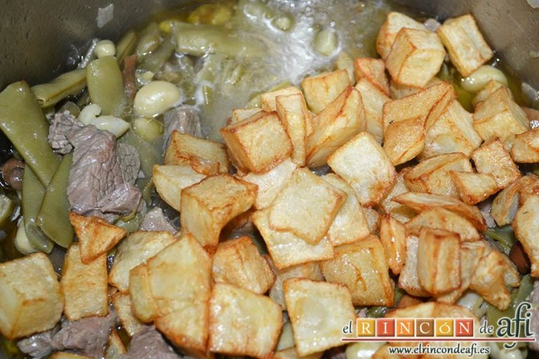 Carne estofada con verduras, añadir papas fritas en cuadraditos en el momento de servir
