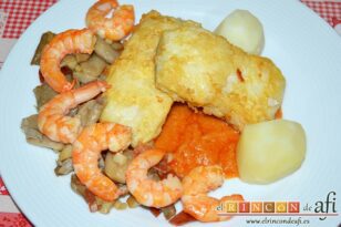 Bacalao con setas y langostinos