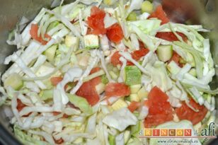 Sopa de verduras con jamón y parmesano, añadir el tomate, el calabacín y el repollo