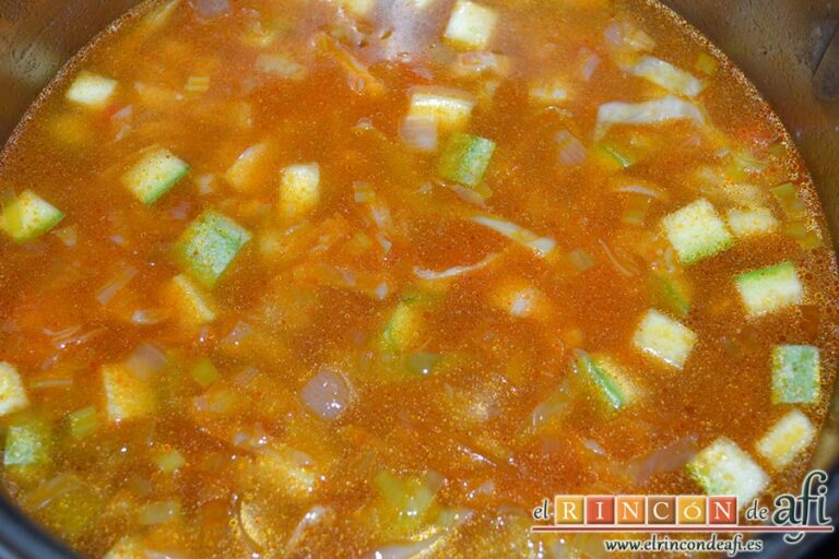 Sopa de verduras con jamón y parmesano, incorporar el caldo de pollo