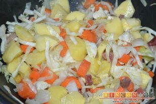 Sopa de col, zanahoria y pollo, rehogar hasta que el pollo cambie de color