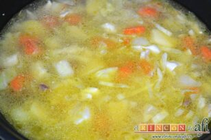 Sopa de col, zanahoria y pollo, remover y dejar hervir
