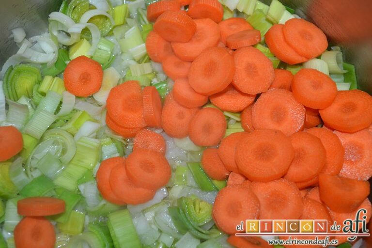 Crema de verduras con picatostes, añadir la zanahoria en rodajas