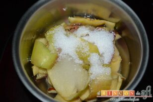 Empanadillas de hojaldre rellenas de manzana, poner las cáscaras en otro calentador con azúcar y agua