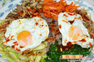 Bibimbap coreano, receta paso a paso, sugerencia de presentación