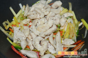 Espaguetis con pollo y verduras al estilo chino, receta paso a paso
